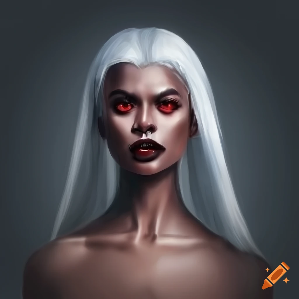 Image Of A Dark Skinned Woman With White Long Hair And Vampire Fangs