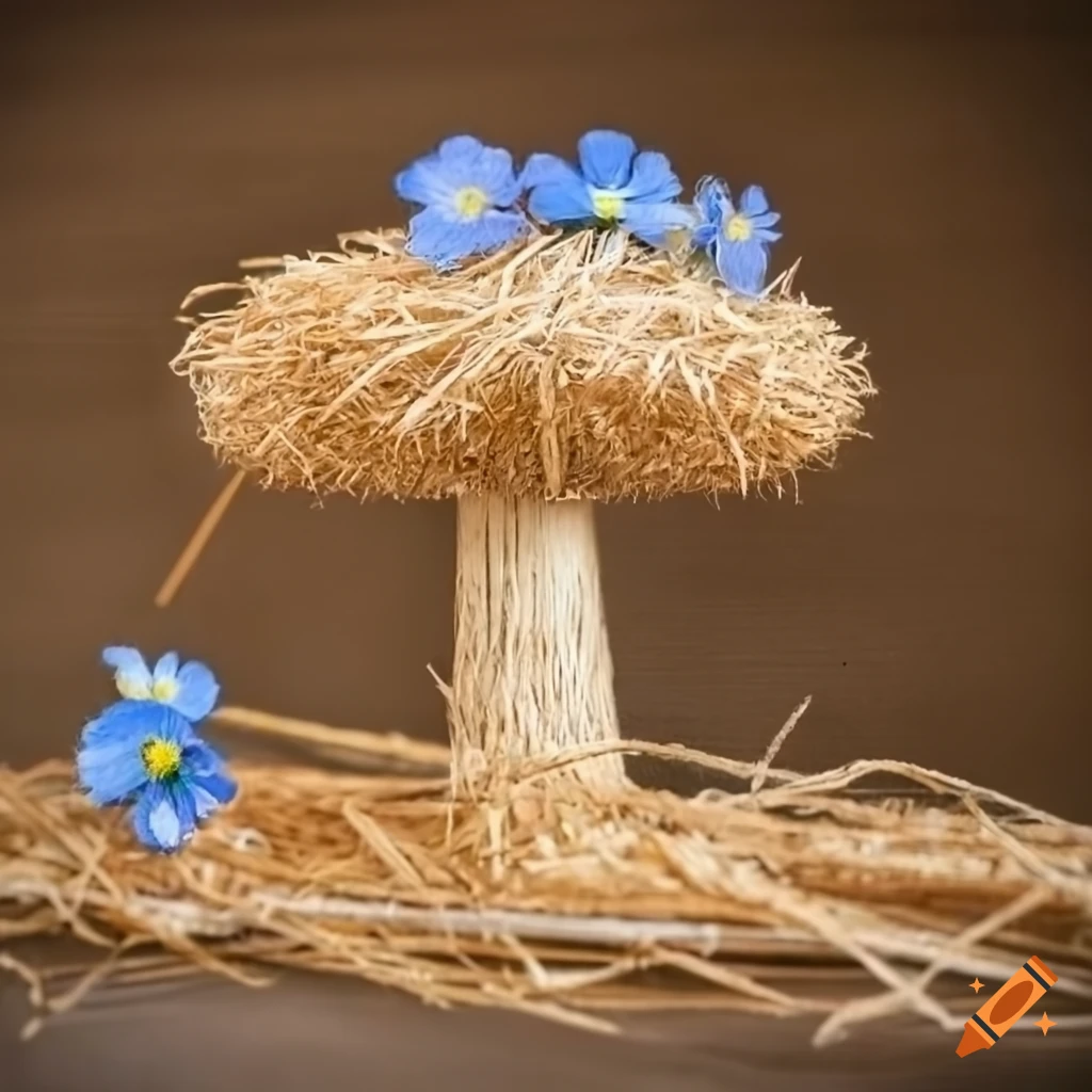 straw mushroom with blue flowers on linen fabric