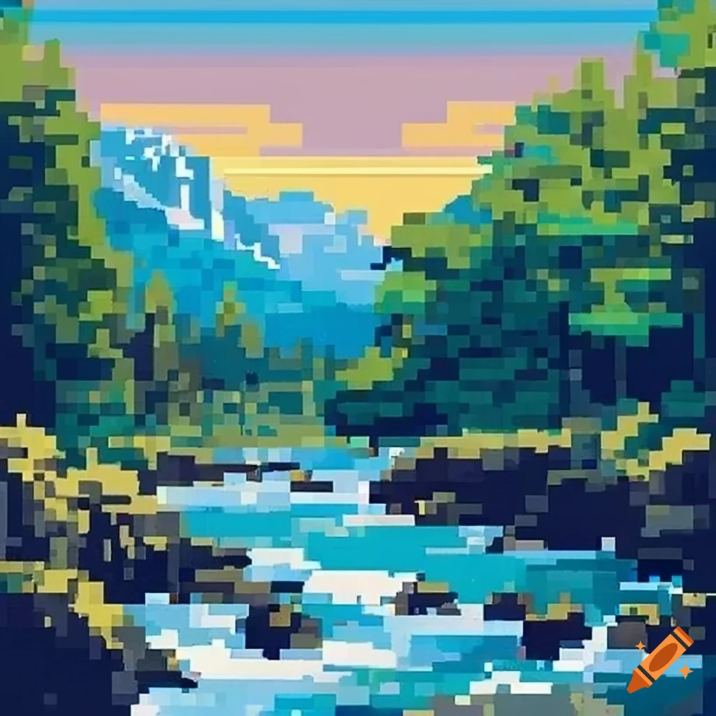 crystal clear river in pixel art