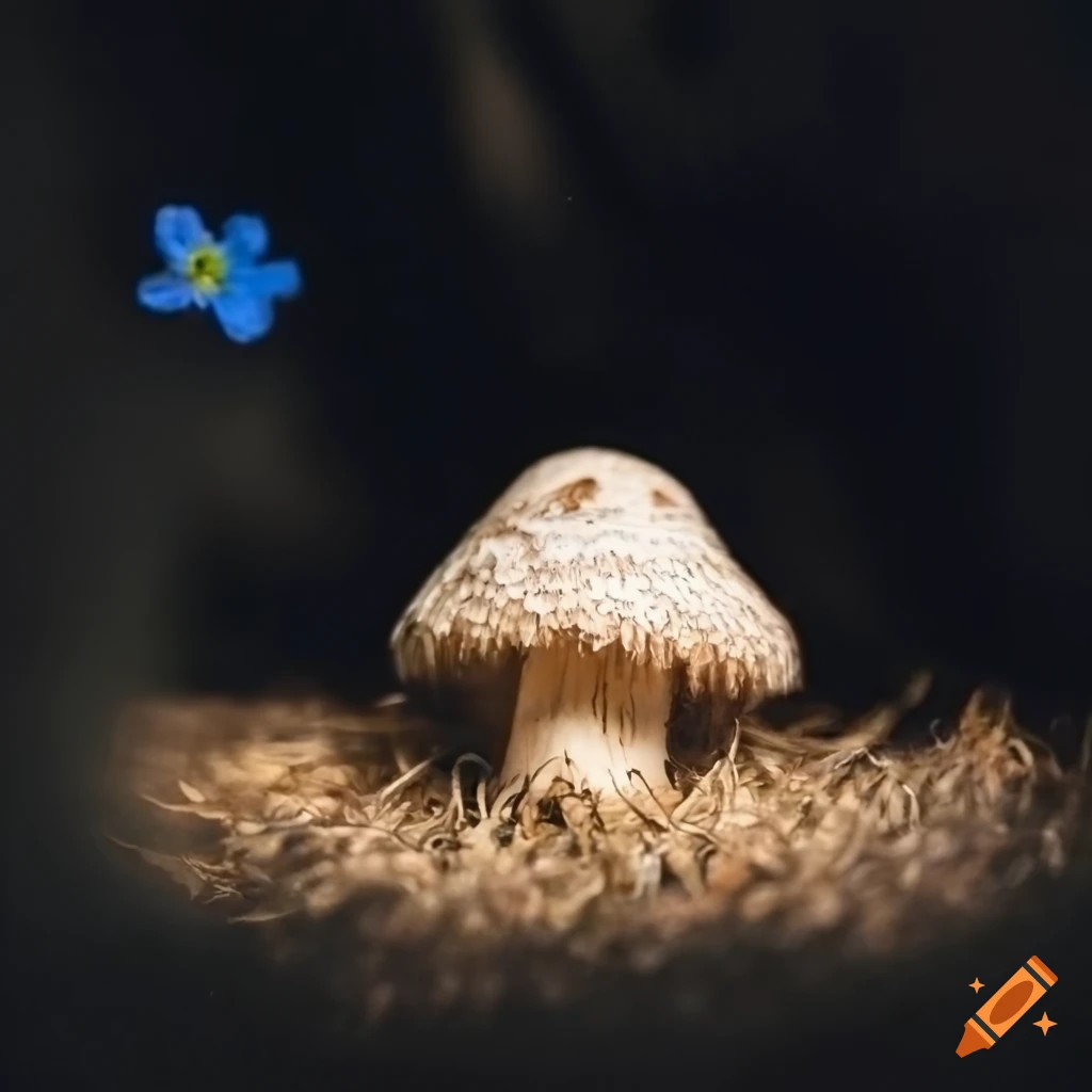 straw mushroom with blue flowers on linen fabric