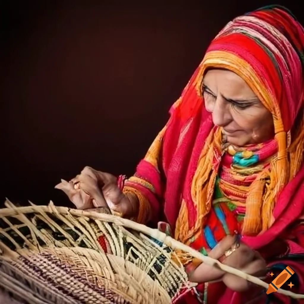 Moroccan woman weaving a colorful basket