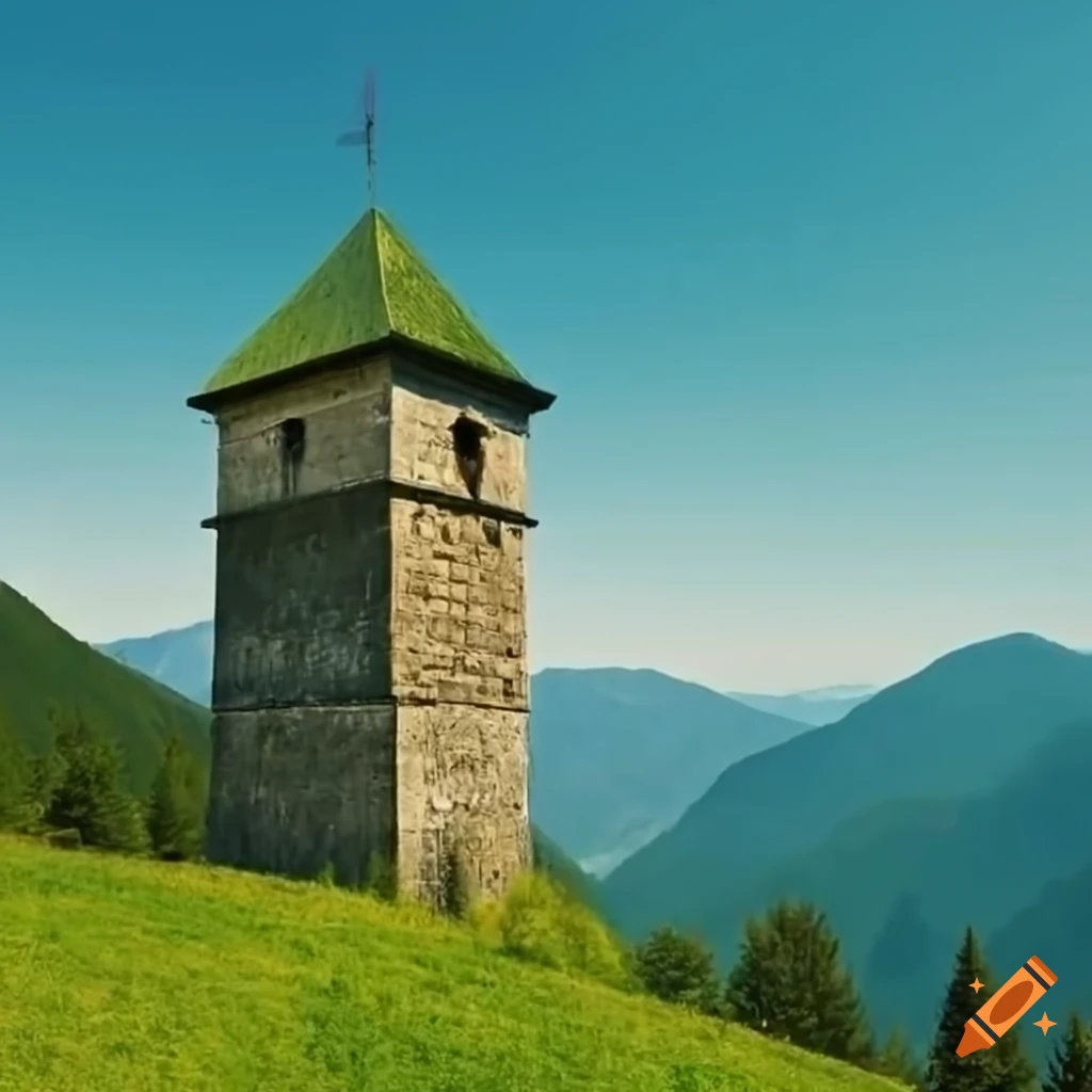 historic tower standing tall against blue sky in a mountain valley