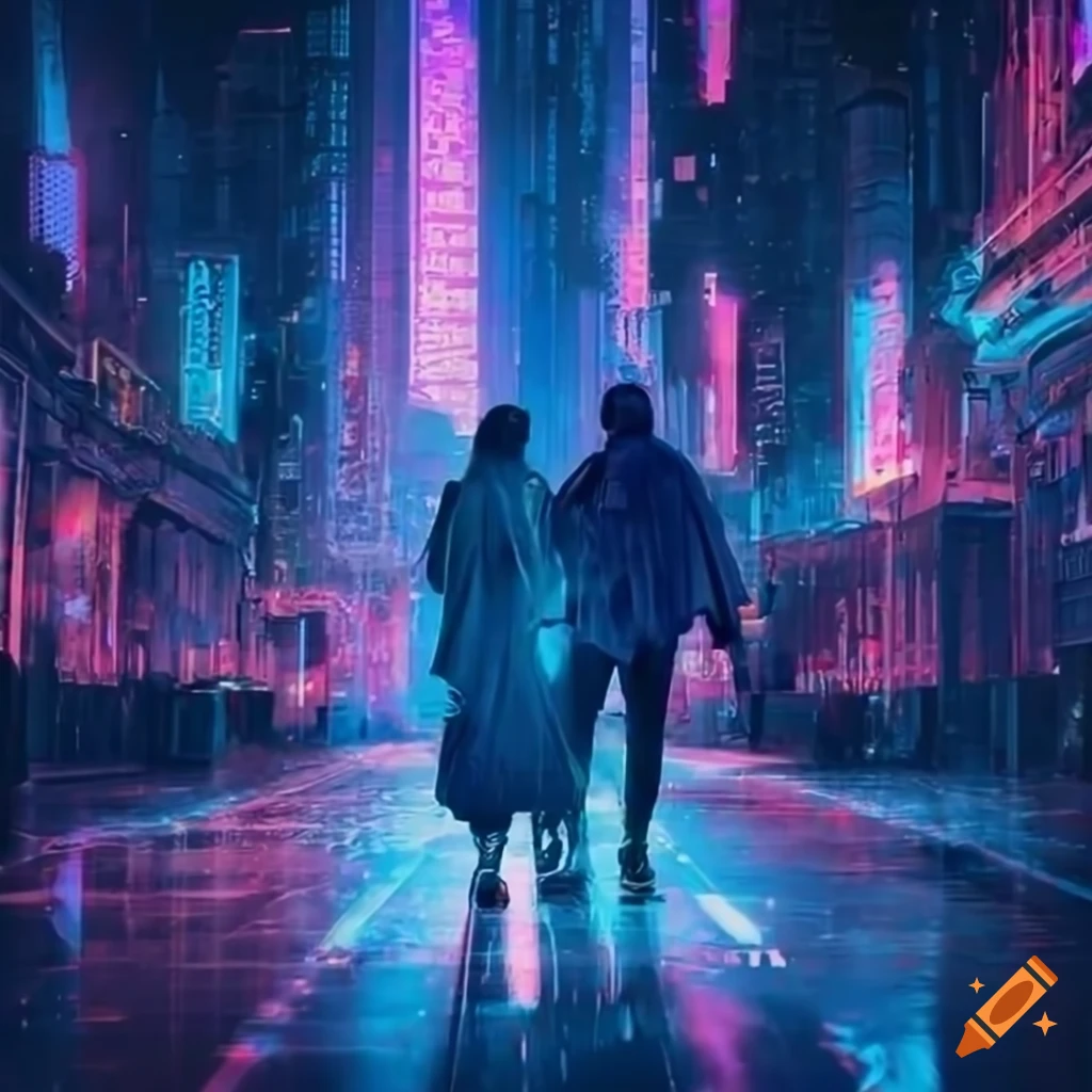 Cyberpunk city with a couple walking in the rain on craiyon