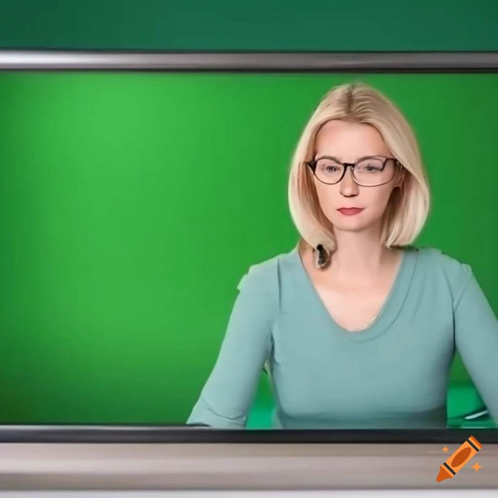 female journalist sitting at a desk in a TV studio