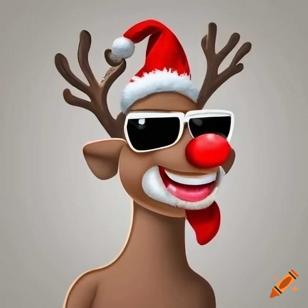festive reindeer wearing sunglasses and a Santa hat