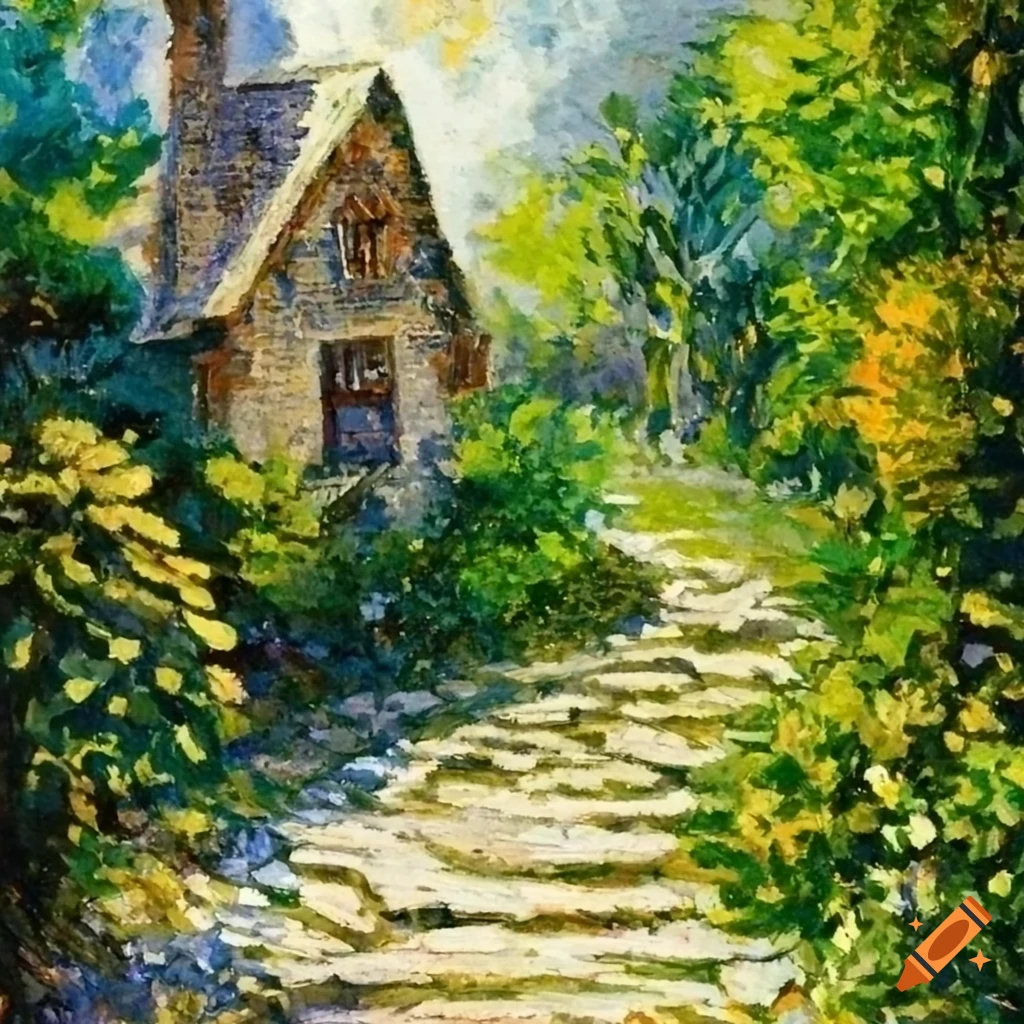 impressionism illustration of a fantasy house and lush vegetation