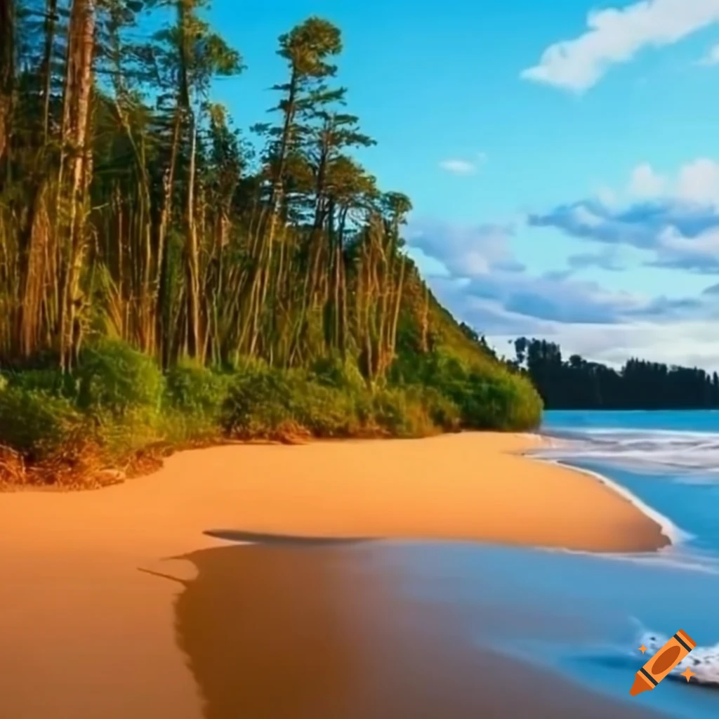 photo of a scenic beach with sand, hills, and pine trees