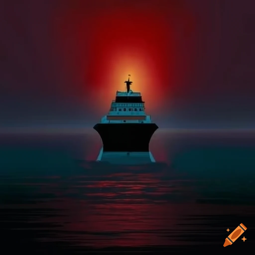 illustration of a eerie cruise ship leaving a red trail