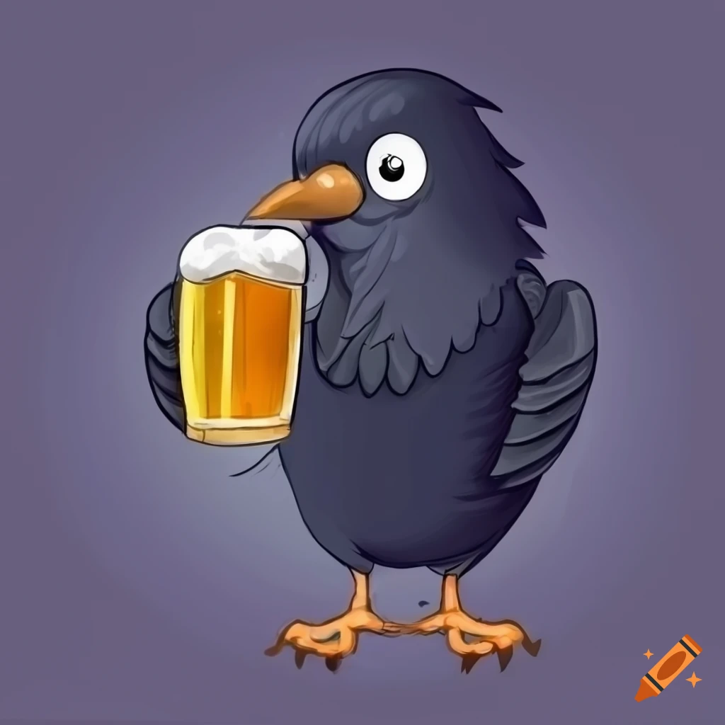cartoon raven holding a beverage