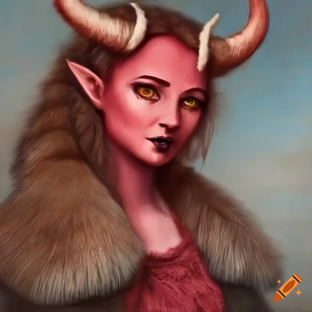 Da vinci painting of a kindhearted tiefling woman in fur coat