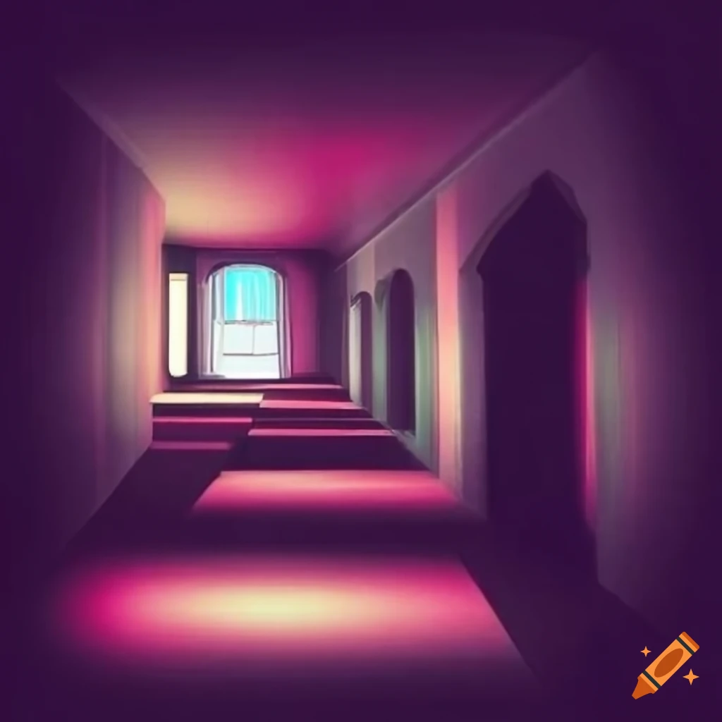 dreamlike hallway with pastel colors and ominous lighting