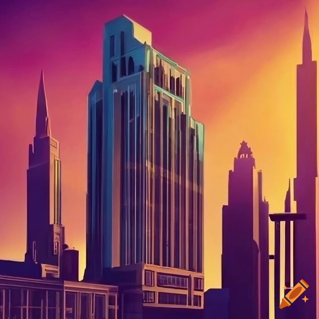 A decopunk cityscape with futuristic buildings on Craiyon