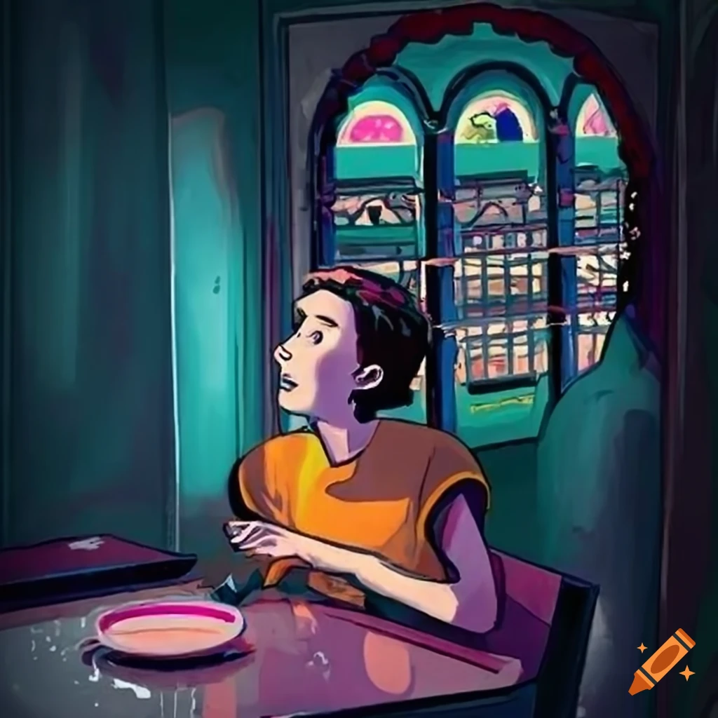 graphic novel depiction of urban life and a chance encounter in a cafe