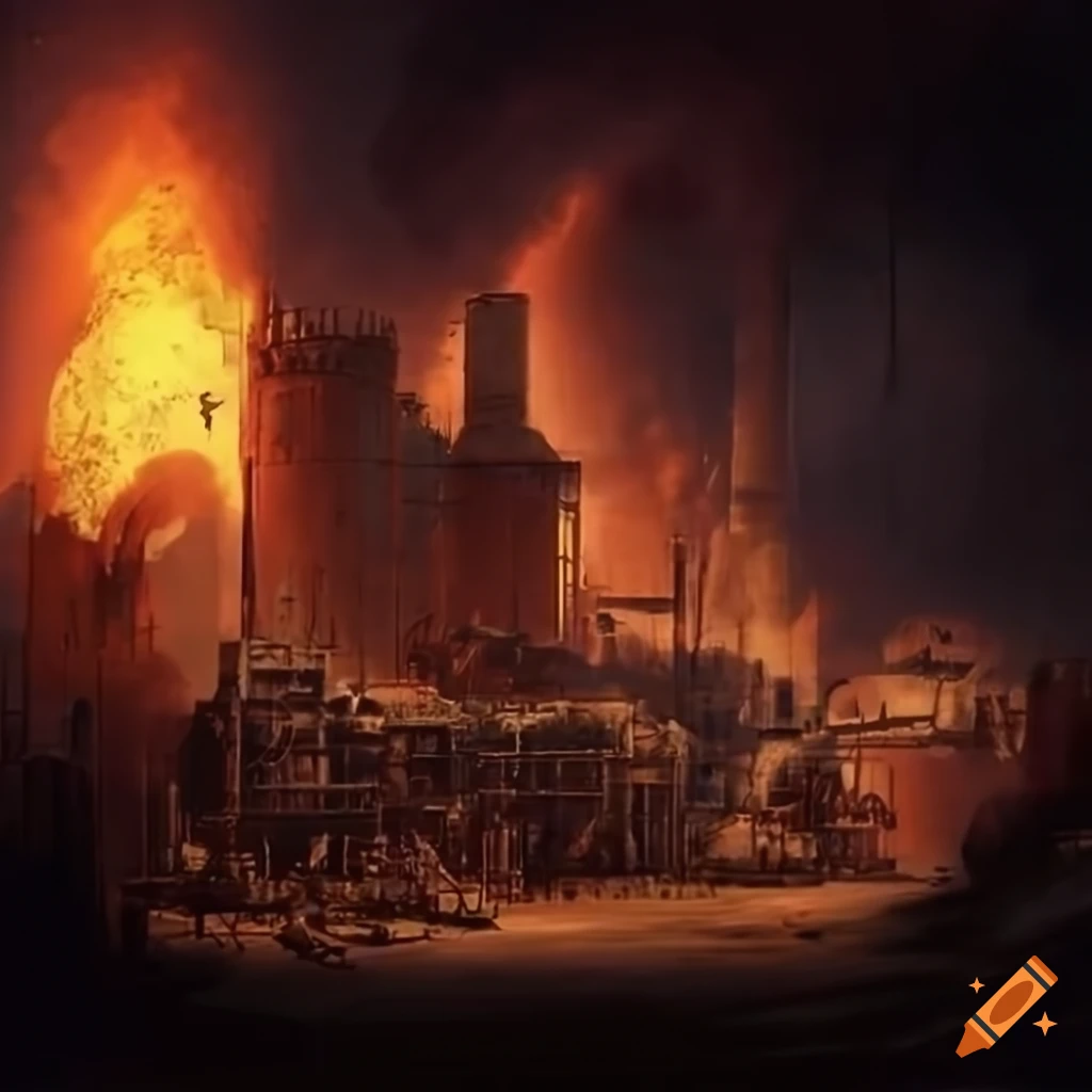 dieselpunk style factory with blazing furnaces