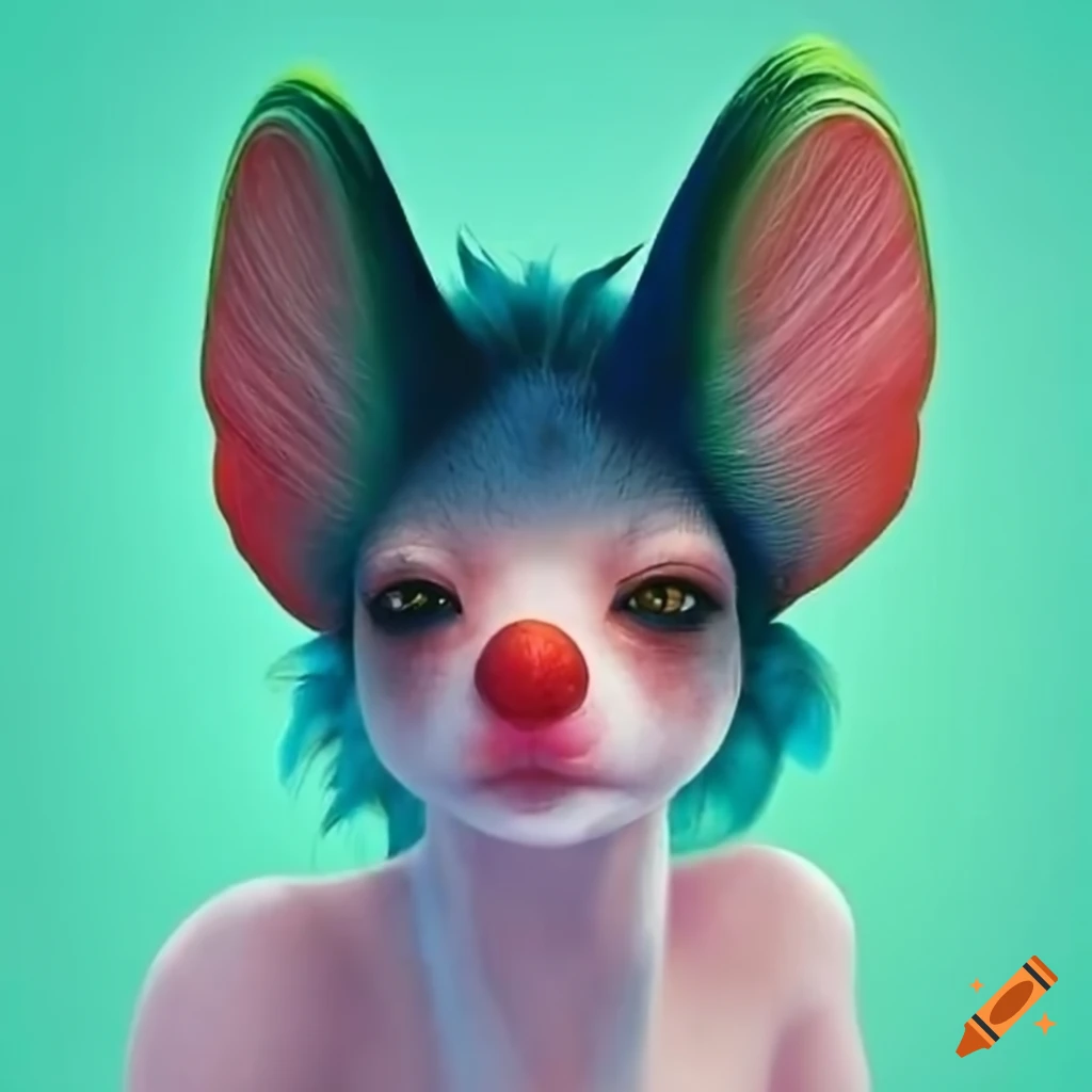 Colorful cartoon character with blue hair and a red nose on Craiyon