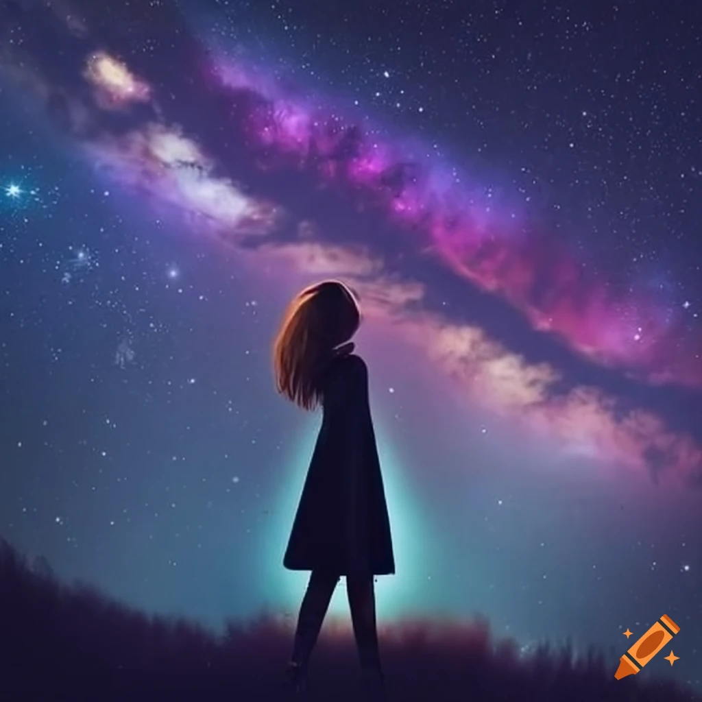 Girl witnessing celestial beings in the night sky