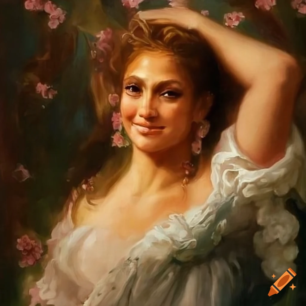 painting of a smiling Jennifer Lopez in a cherry blossom garden