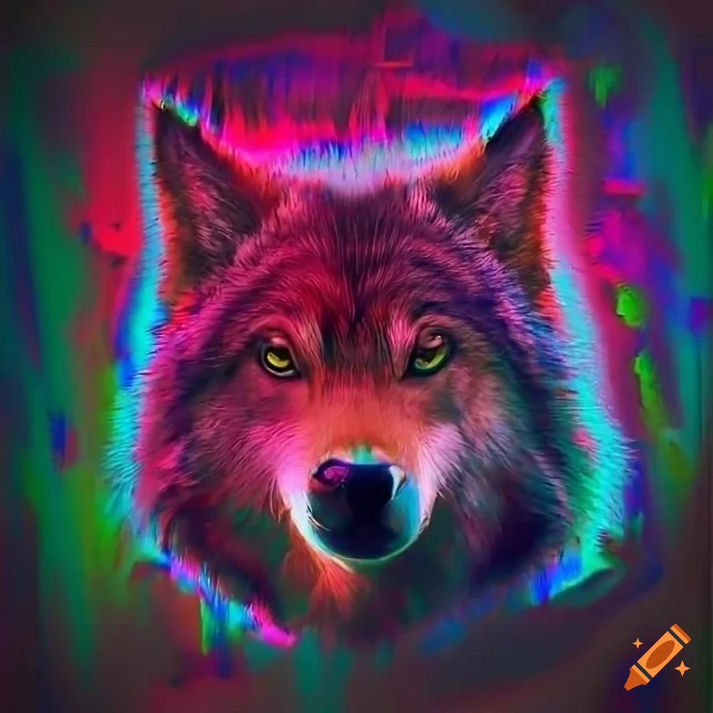 glitch art of a vibrant rose wolf