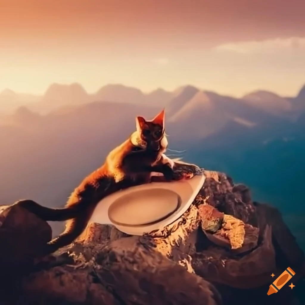 cat eating cat food on a mountain