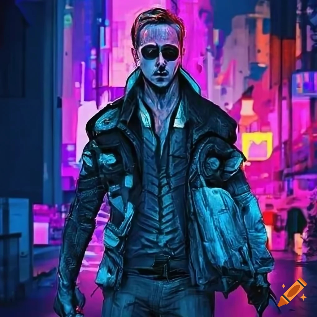 Image of ryan gosling in a cyberpunk setting