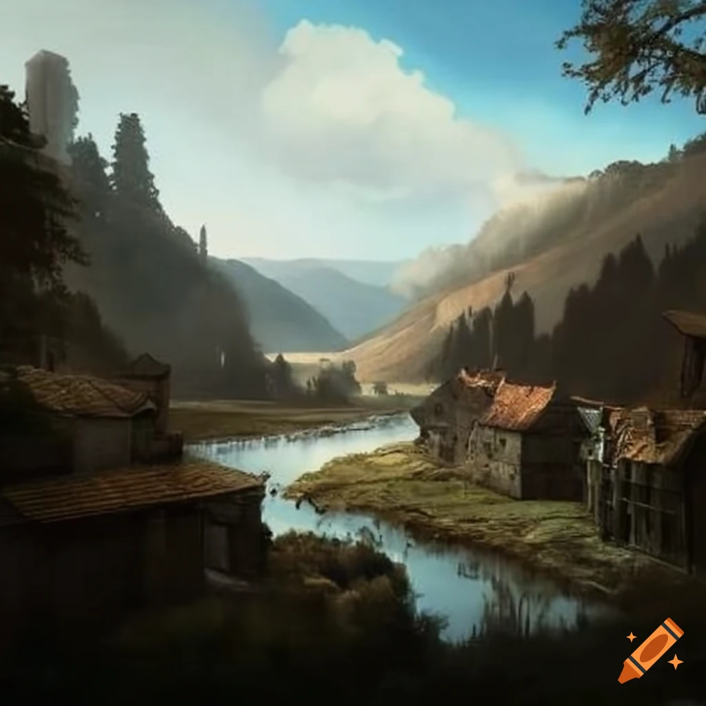 Historic town nestled in the hills with a river on Craiyon