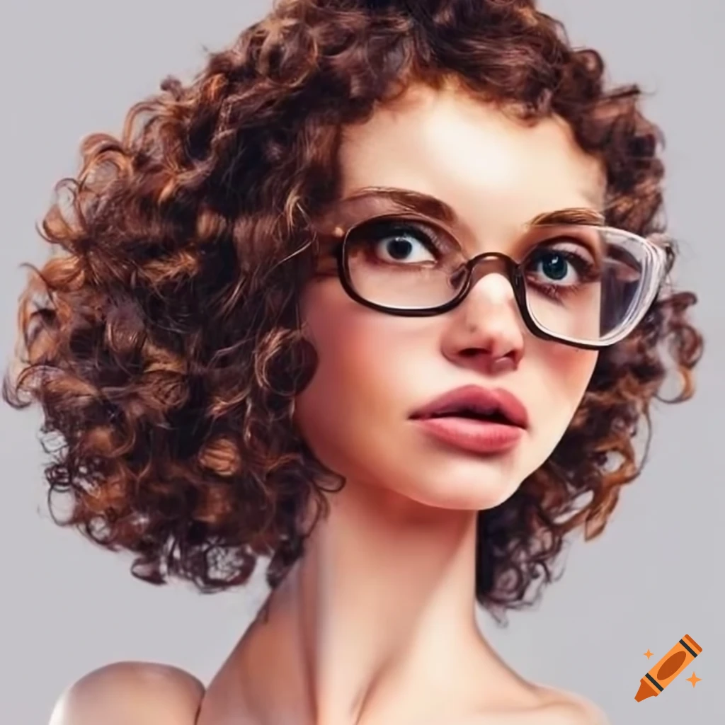 trendy girl with curly brown hair and glasses