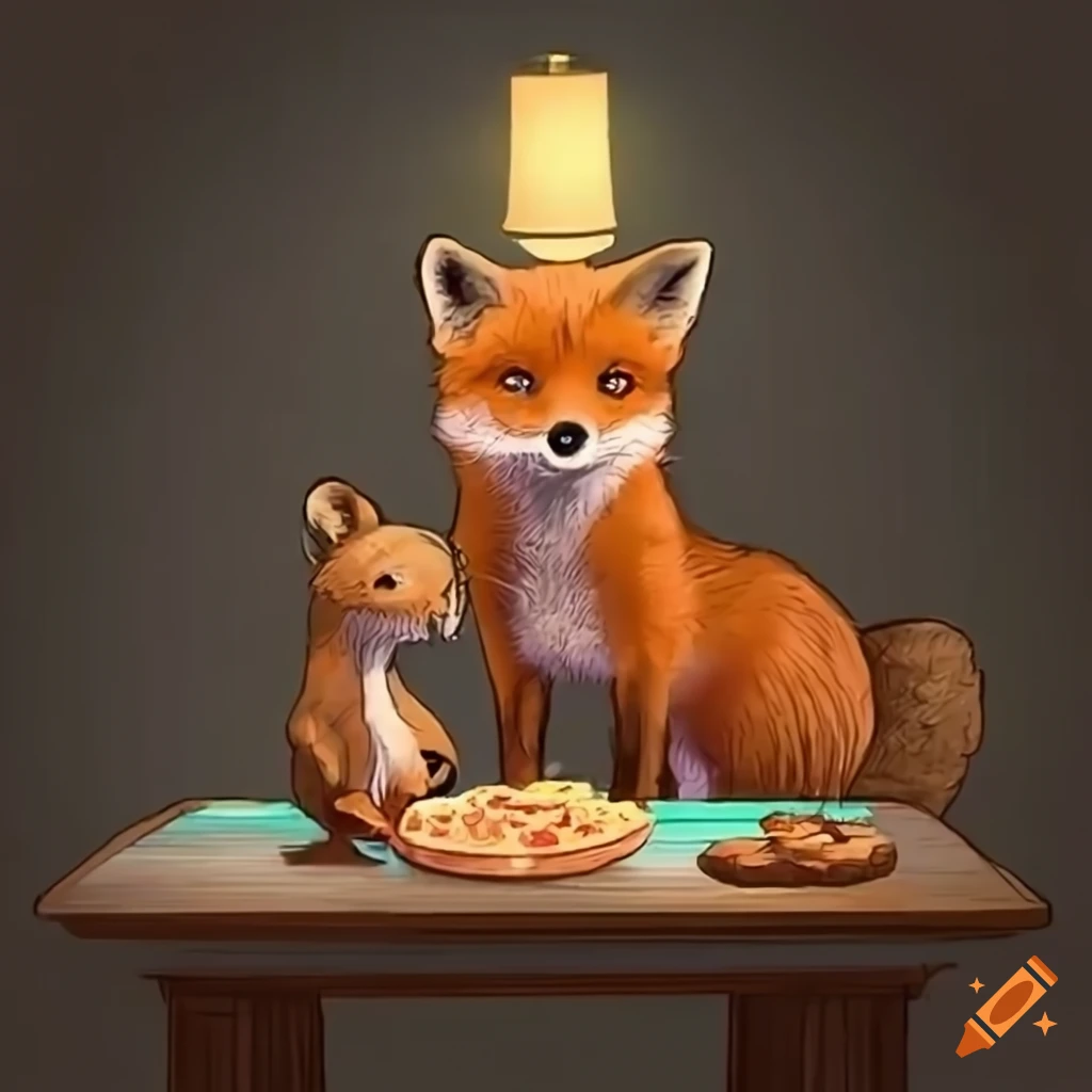 illustration of a fox, turtle, and rabbit sitting at a table