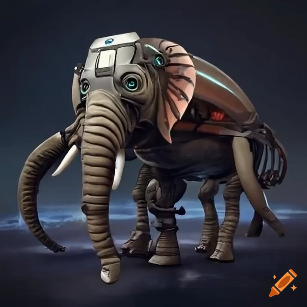 scifi artwork of a cyborg riding an elephant