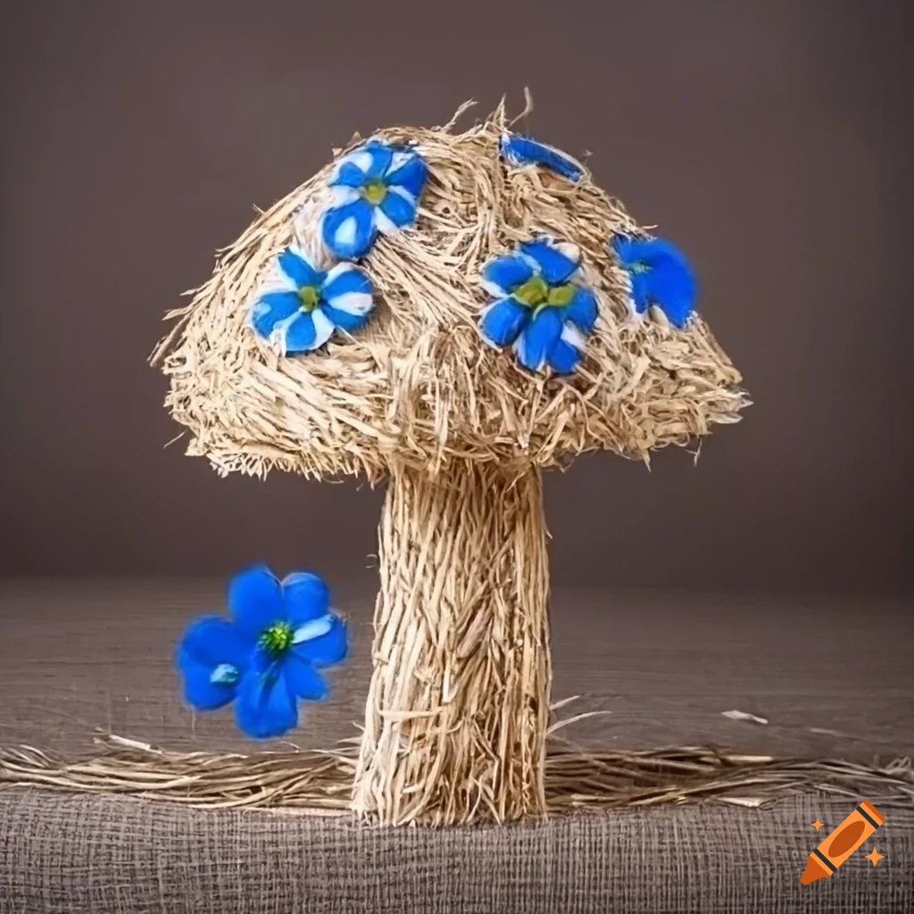 straw mushroom with blue flowers on linen fabric