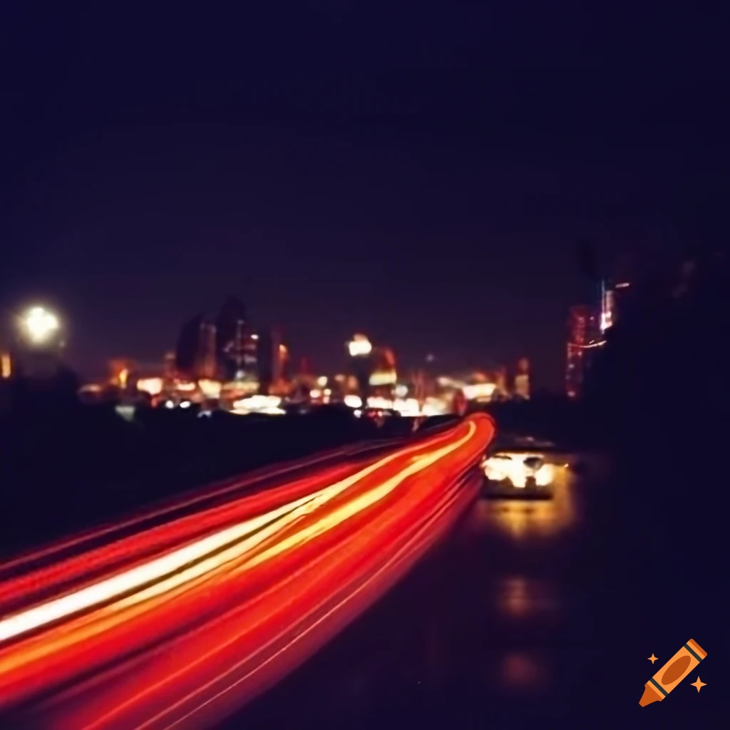 Nighttime cityscape photograph from inside a car on craiyon