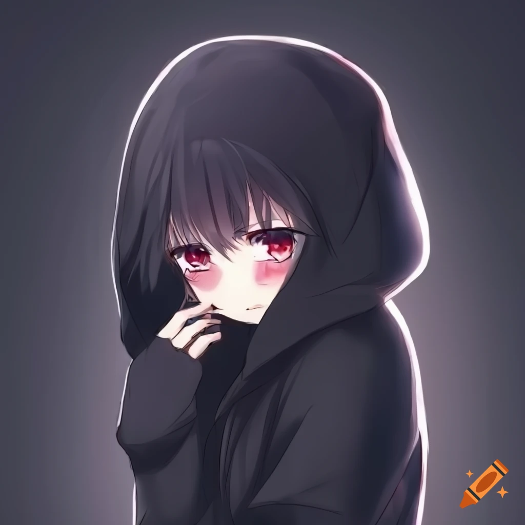 Anime girl in black hoodie crying