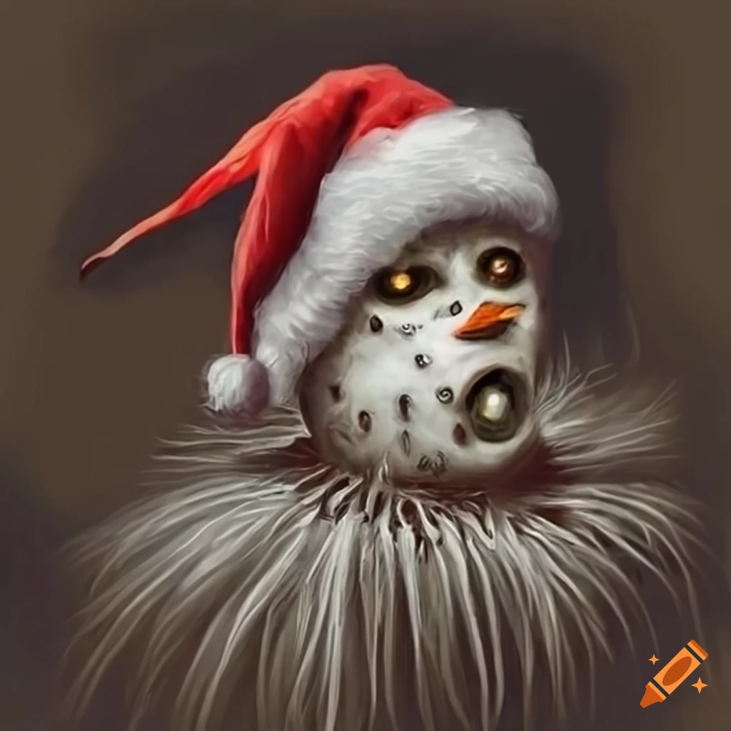 detailed vintage-style scary snowman with Santa hat