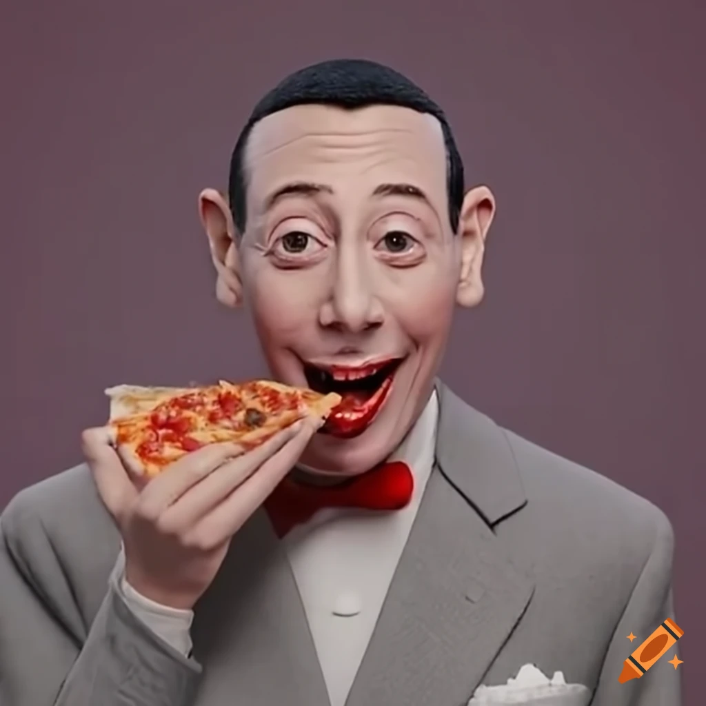 Pee wee herman enjoying a pizza