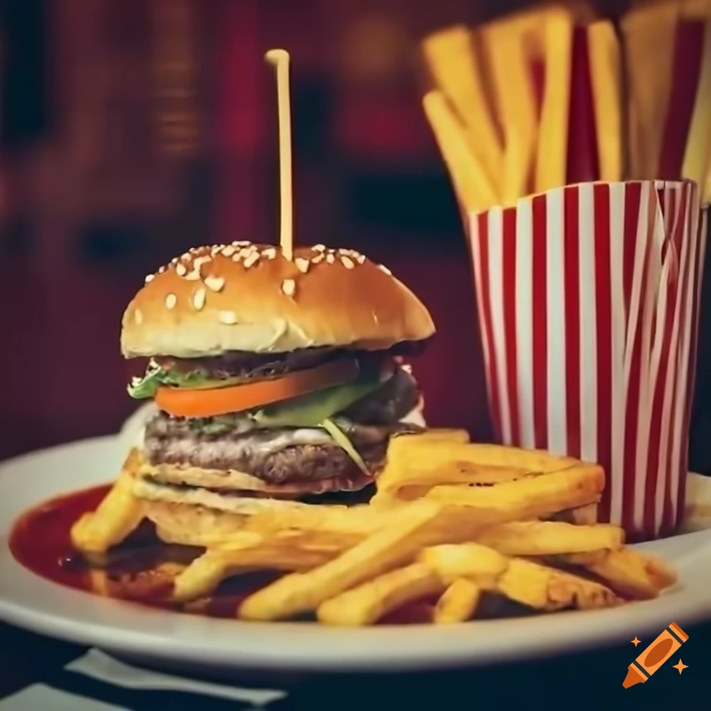 Delicious hamburger and french fries at a restaurant on Craiyon
