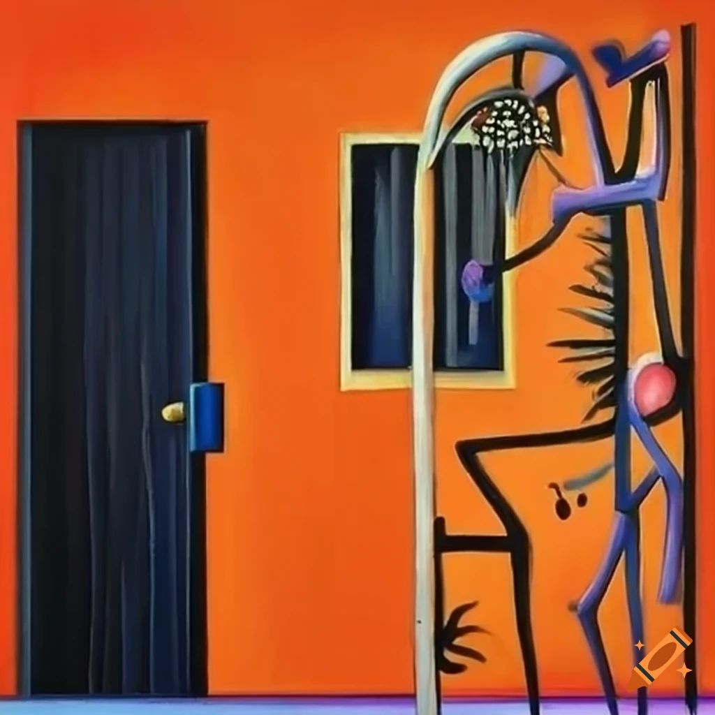surrealism painting with an orange door
