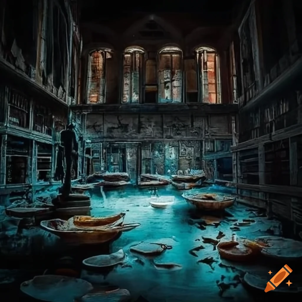 image of floating candles in an abandoned library
