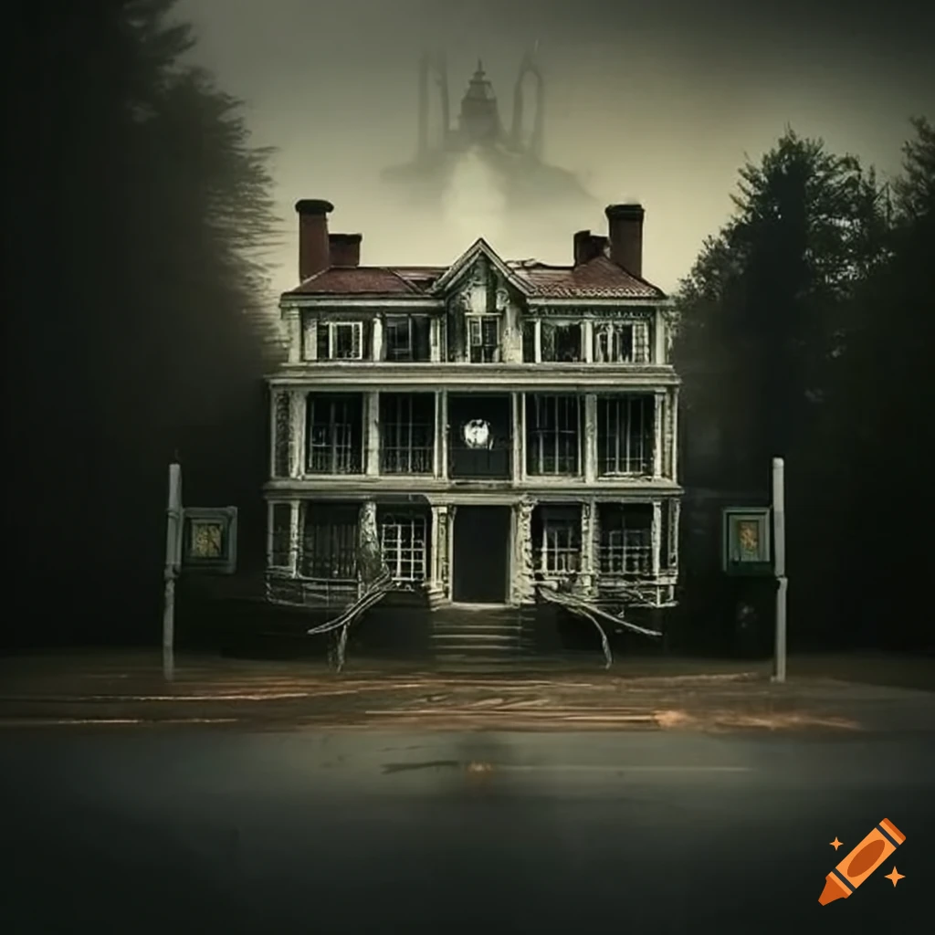 view of a haunted mansion with a sign outside