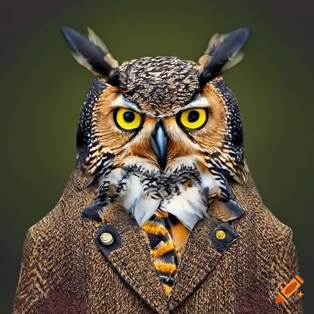 Dapper great horned owl in tweed suit on Craiyon