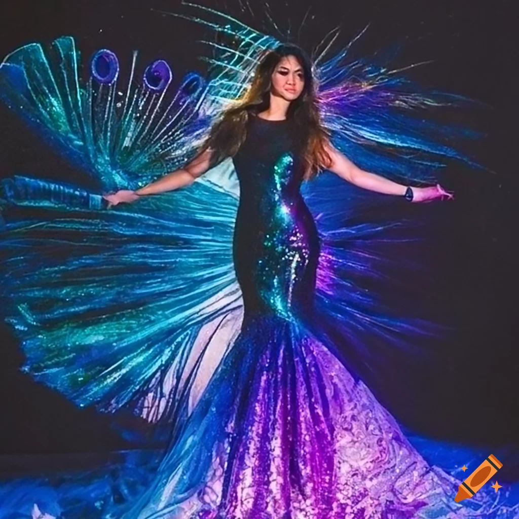 close up of a woman in a peacock galactic dress