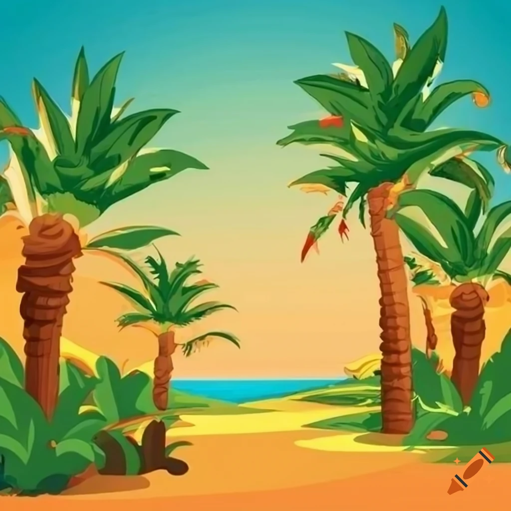 cartoon style oasis with palm trees and water