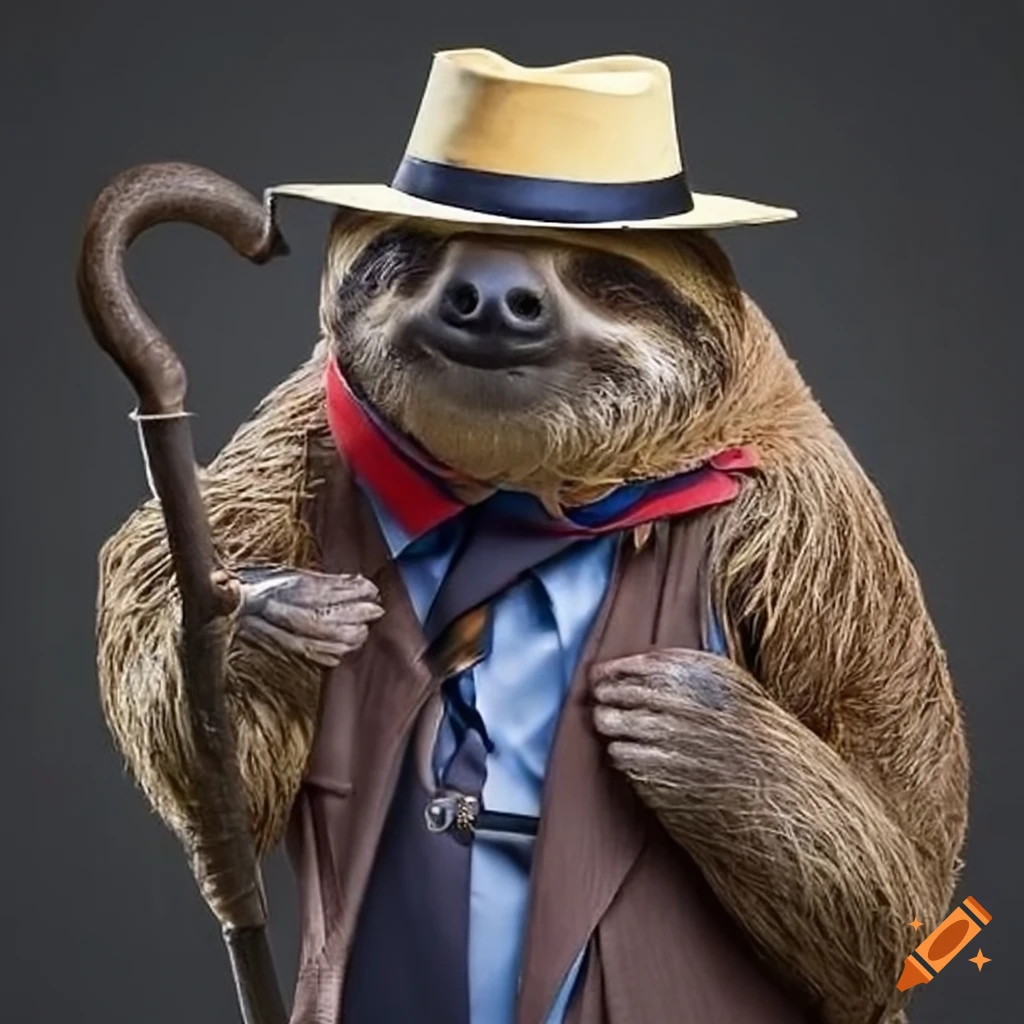 gangster sloth with panama hat and cane