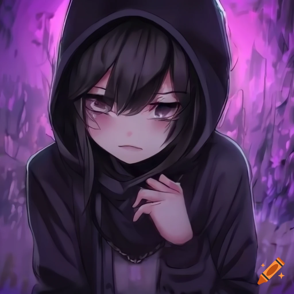 Image of a crying anime girl in black hoodie on Craiyon