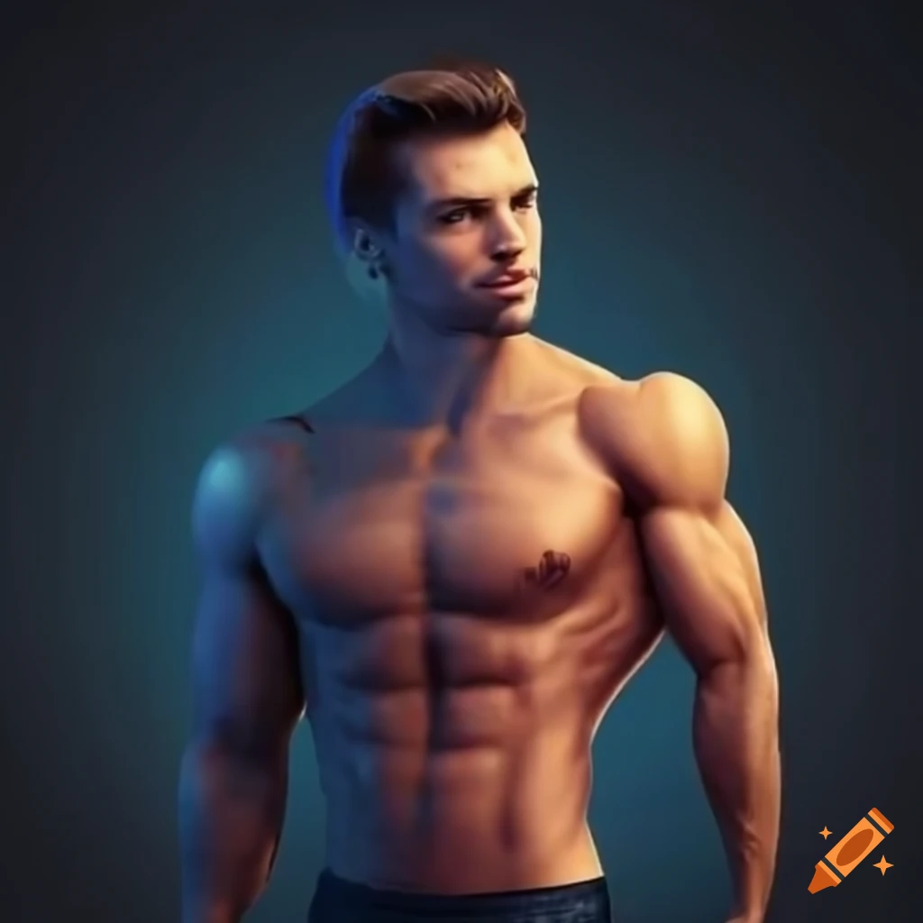 Man showing well-defined chest, abdominal, and arm muscles Stock