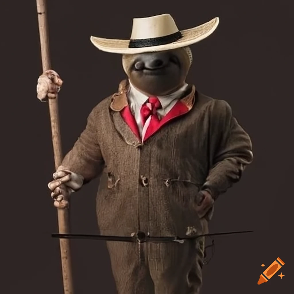 gangster sloth with panama hat and cane