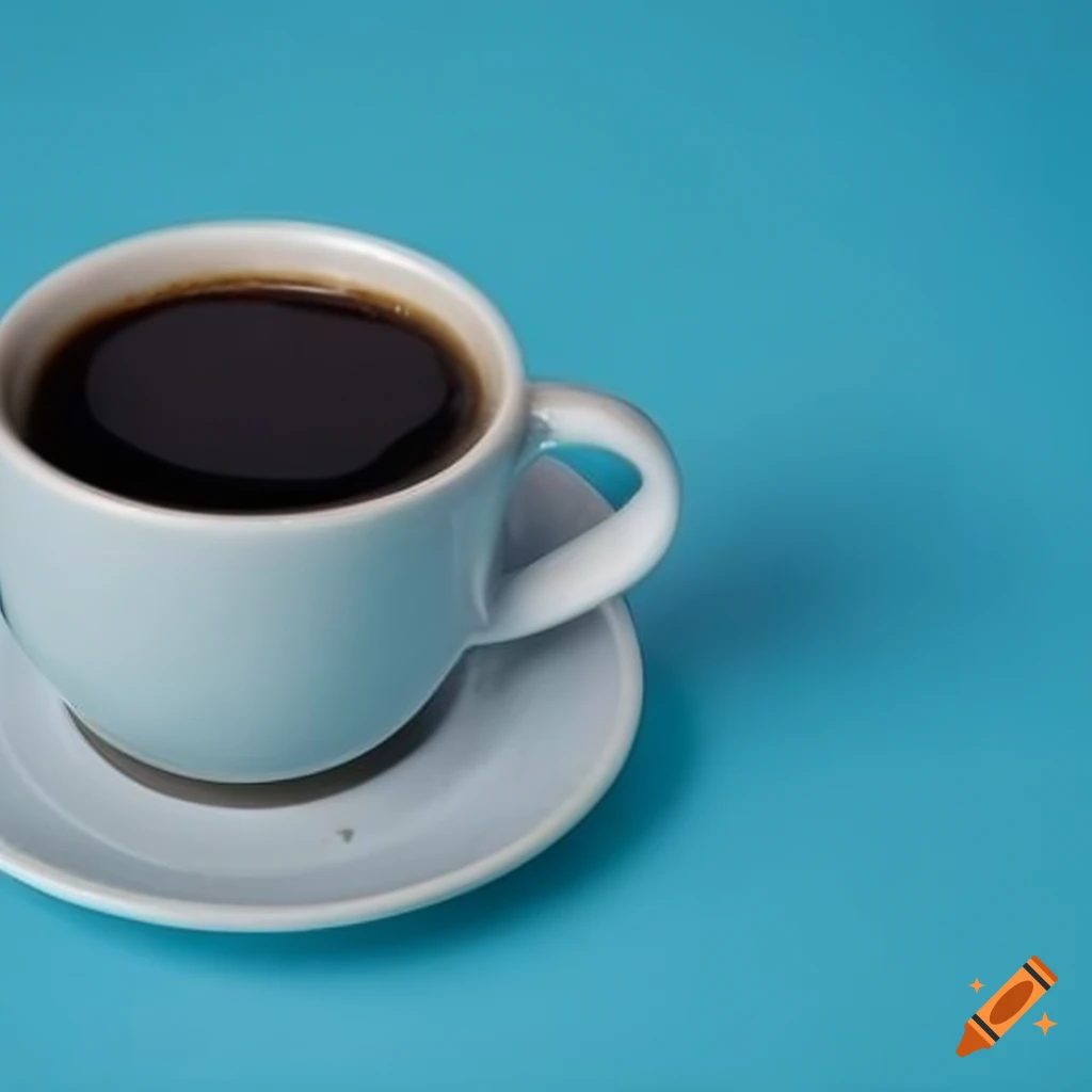 pastel blue background with a coffee mug on a table
