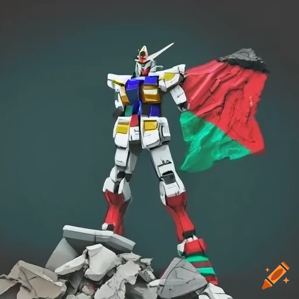 artwork of a Gundam with Palestinian flag colors in a destroyed city