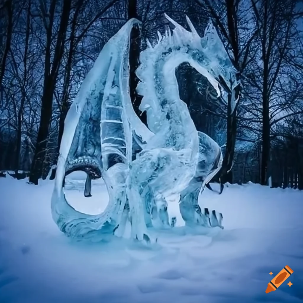 Dragon ice sculpture in the snow on Craiyon