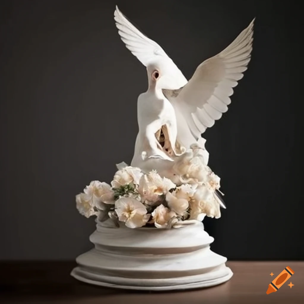 elegant sculpture of white doves on a silk podium