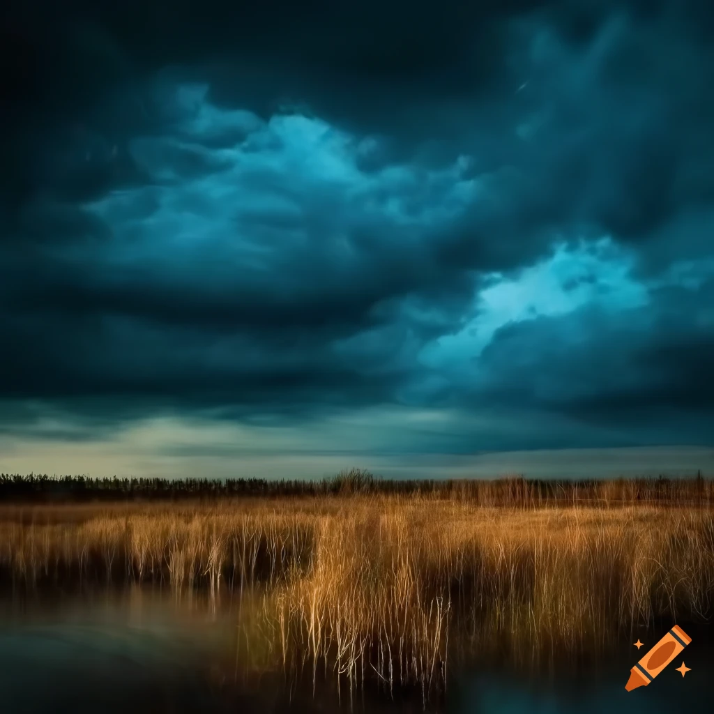 image of old broken trees on floodplains under dark stormy sky