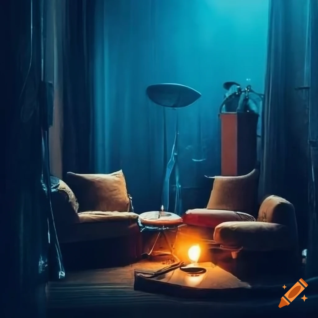 cozy indigo room with rain outside